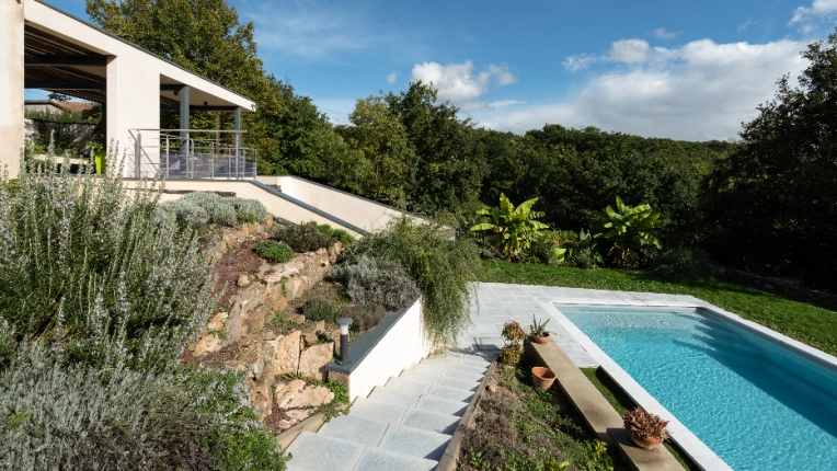 Jardin, Terrasse, Maison individuelle, Exterieur, Maison de campagne, Piscine, Extension, Contemporain, Moderne