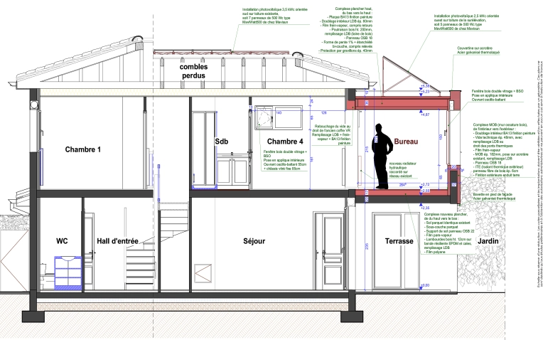 Surélévation, Maison individuelle, Maison passive / écologique, Plan