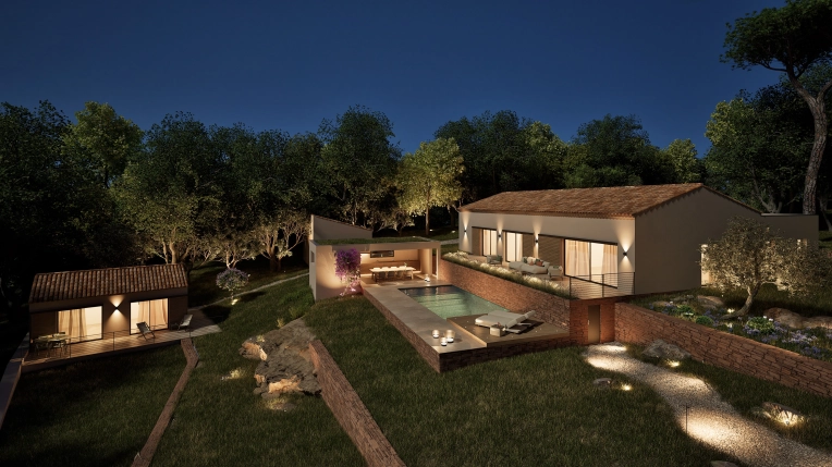 Jardin, Terrasse, Maison individuelle, Extérieur, Maison de campagne, Piscine, Architecture d’intérieur, Construction neuve, Étude de faisabilité, Villa, Moderne, Traditionnel