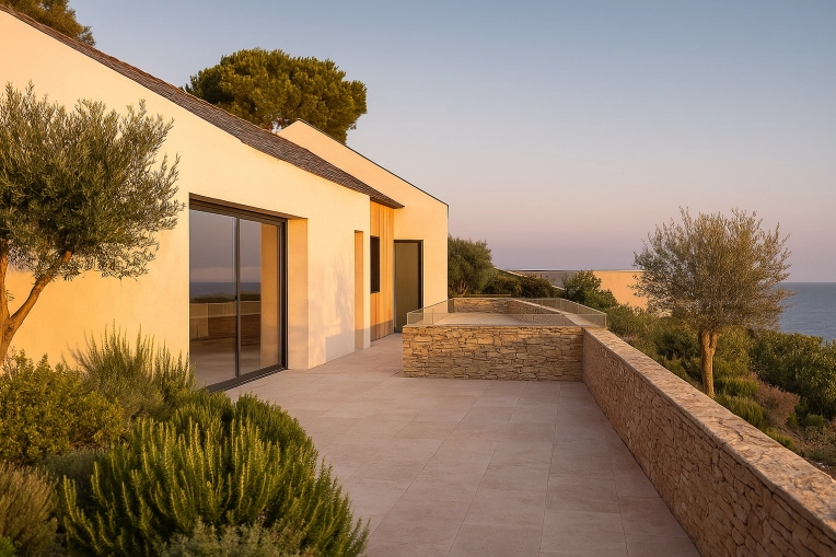 Patios & Terraces, Single-Family Homes, Passive House / Eco-friendly, New Build, contemporary, Minimalist