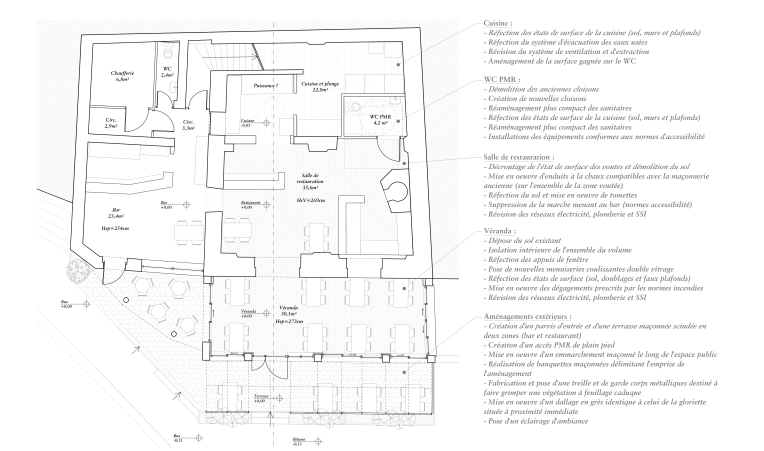Transformation, Expertise, Mise aux normes, Terrasse, Hôtellerie - Restauration, Rénovation, Architecture d’intérieur, Extension, Étude de faisabilité, Rénovation énergétique, Plan, Permis de construire, Suivi de chantier, Conseil, Diagnostic