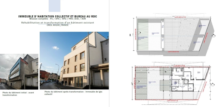 Transformation, Mise aux normes, Terrasse, Résidentiel collectif, Rénovation, Étude de faisabilité, Réhabilitation, Plan, Permis de construire, Suivi de chantier, Conseil, Diagnostic