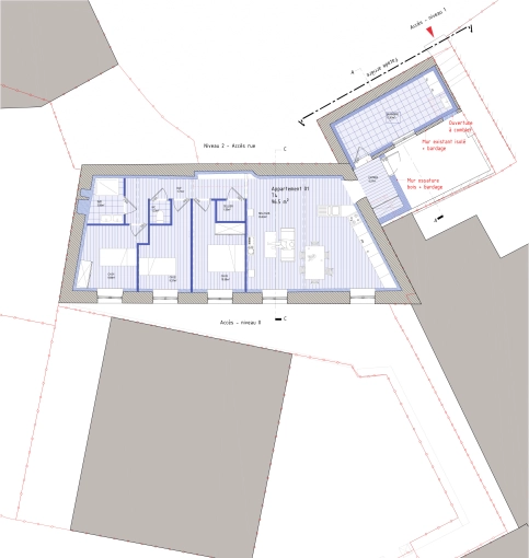 Transformation, Mise aux normes, Surélévation, Appartement, Résidentiel collectif, Rénovation, Réhabilitation, Rénovation énergétique, Plan, Suivi de chantier, Conseil, Déclaration de travaux